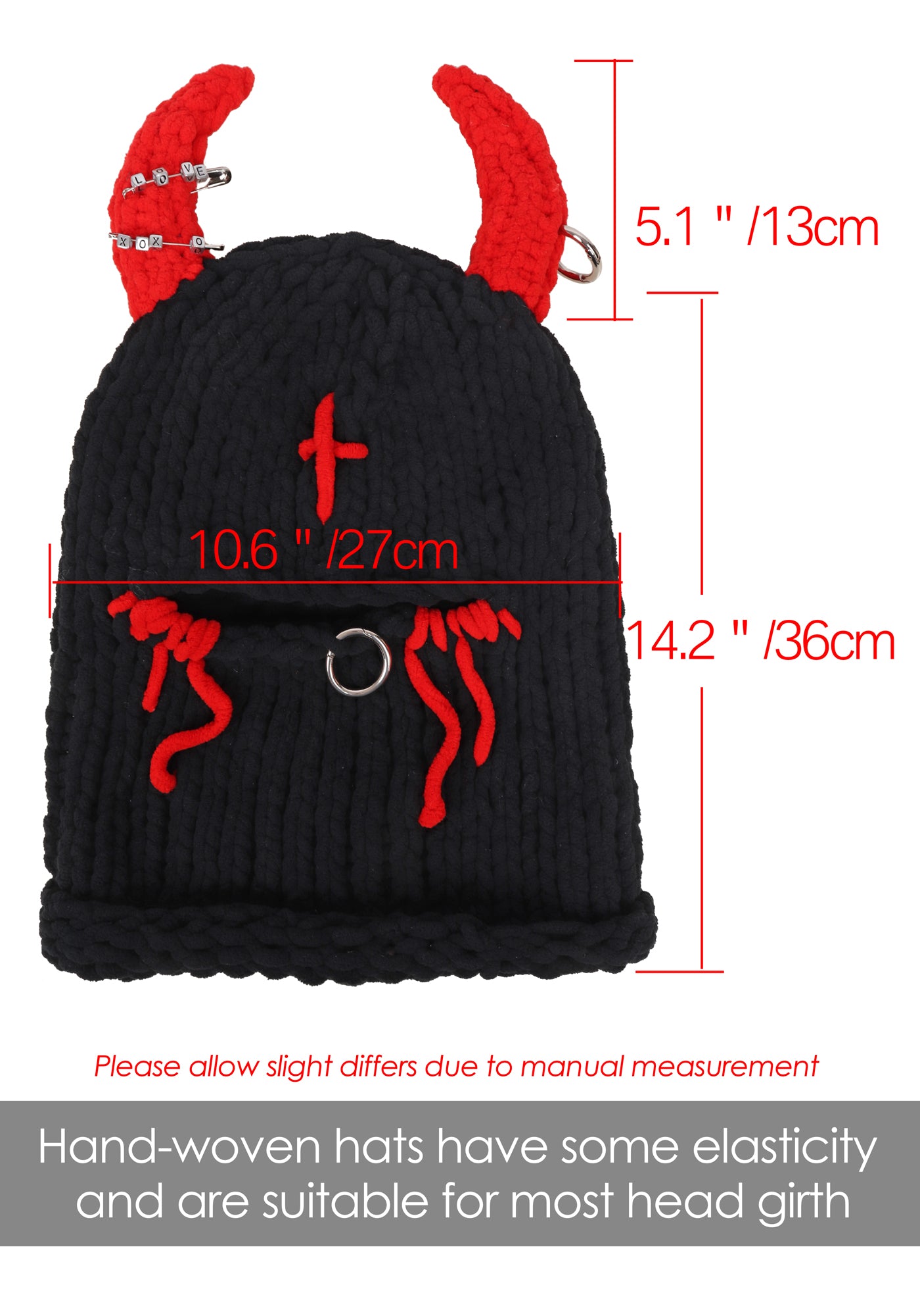 Knitted Balaclava with Horns/Ears, Devil Horn/Cat Ear Balaclava Mask with Pins/Chains/Rings Accessories