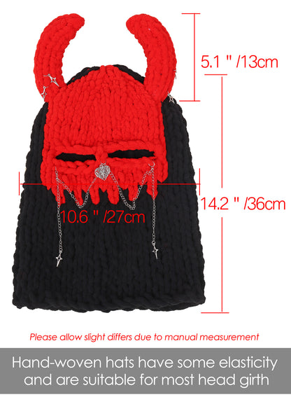 DAZCOS Knitted Balaclava with Horns/Ears, Devil Horn/Cat Ear Balaclava Mask with Pins/Chains/Rings Accessories