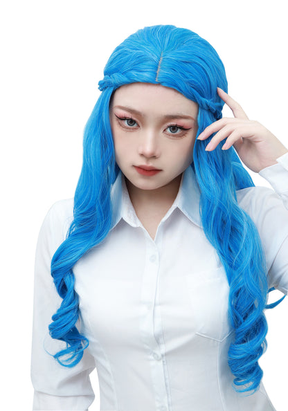DAZCOS Blue Long Wavy Wig Braid Curly Wave Wig for Adults Kids Halloween Cosplay Costume