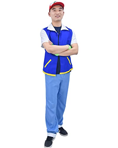 Ash Ketchum Cosplay Costume with Cap and Gloves - Adult Size Anime Monster Trainer Outfit