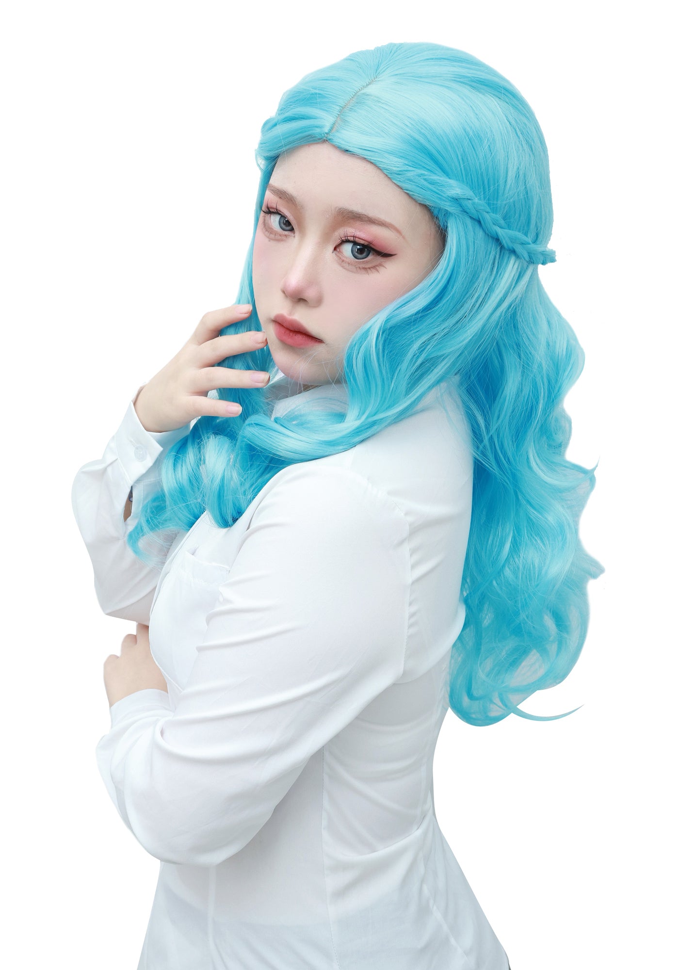 DAZCOS Blue Long Wavy Wig Braid Curly Wave Wig for Adults Kid Halloween Cosplay Costume