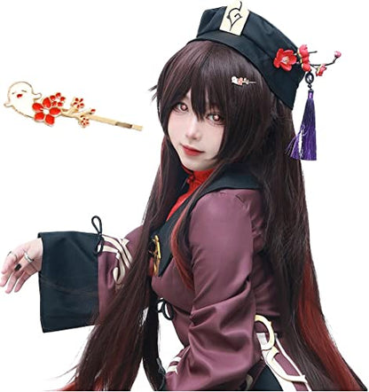 DAZCOS Hu Tao Cosplay Wig Long Twin Ponytail Brown Hair for Adult Head Circumference