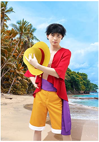 DAZCOS US Size Luffy Cosplay Wano Country Anime Costume Outfit with Purple Pirate Sash