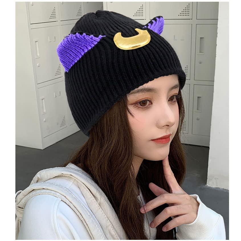 DAZCOS Bonnet de lune pour femme avec oreilles de chat tricoté Sailor Luna Hat Anime Accessoire Cadeau pour Halloween Noir