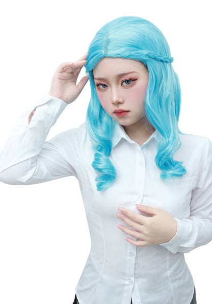 DAZCOS Blue Long Wavy Wig Braid Curly Wave Wig for Adults Kids Halloween Cosplay Costume