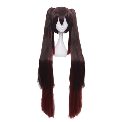 DAZCOS Hu Tao Cosplay Wig Long Twin Ponytail Brown Hair for Adult Head Circumference