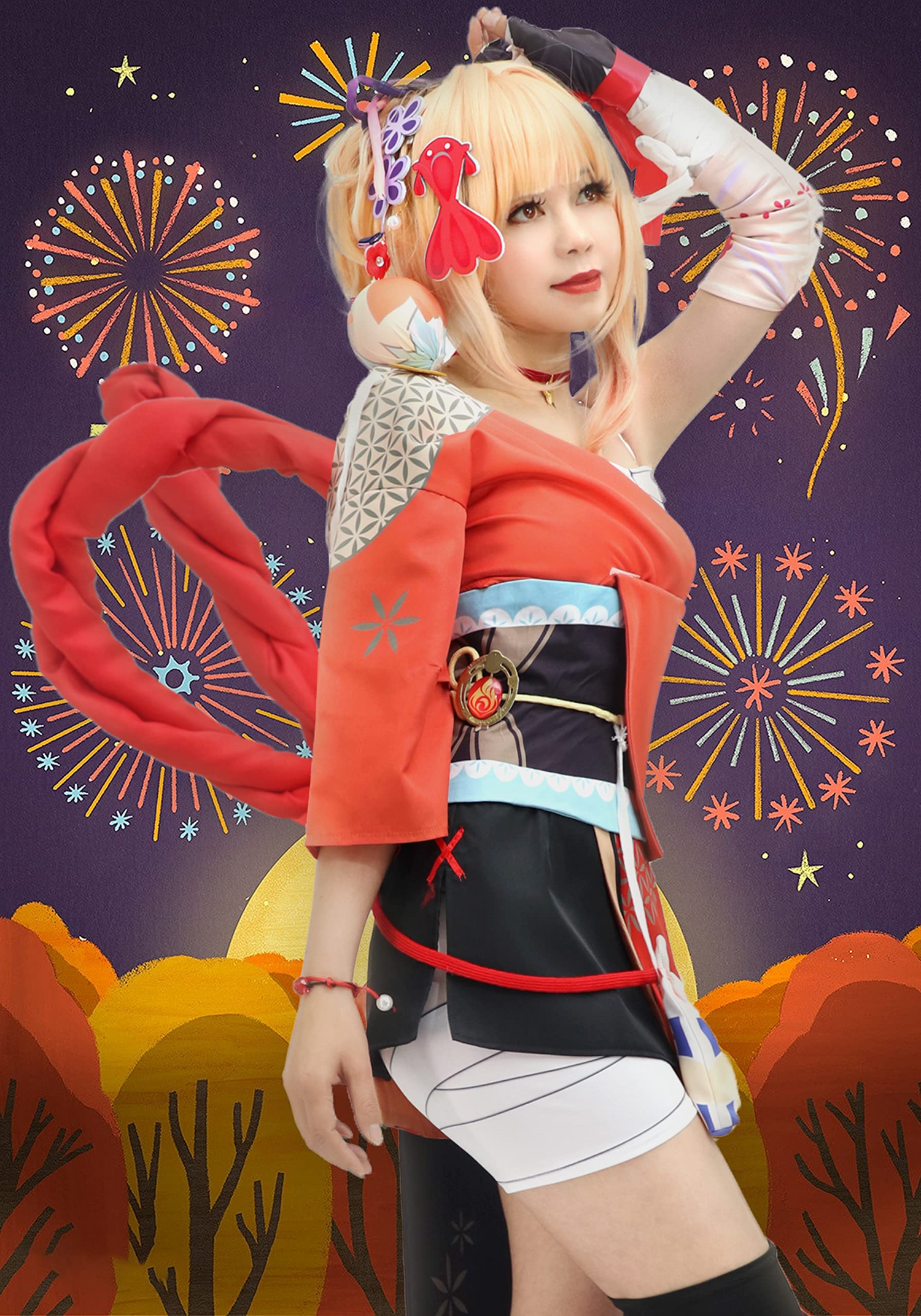 DAZCOS Women Naganohara Yoimiya Cosplay Genshin Costume Outfit for Halloween